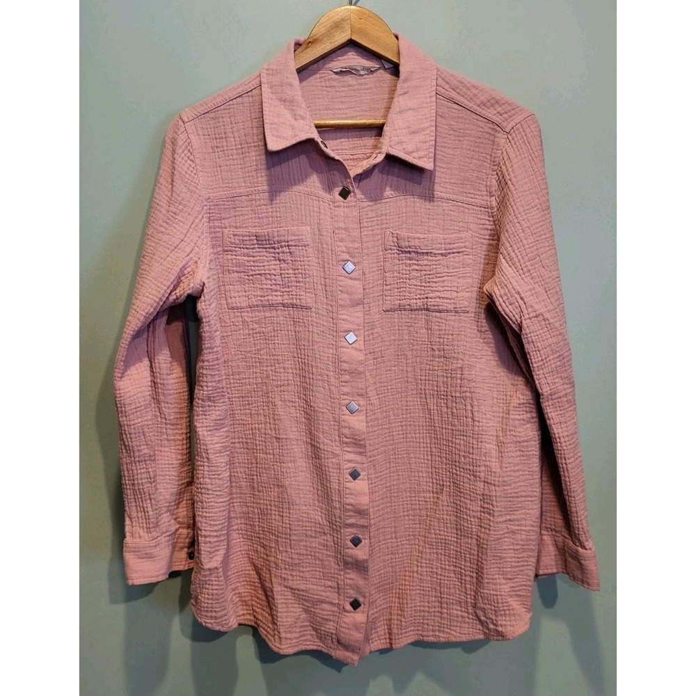Soft Surroundings Pink Gauzy Snap Up Long Sleeve Lightweight Top Pockets Sz XL